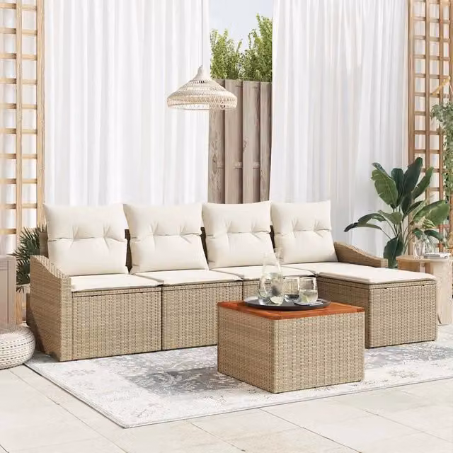 Set Divano da Giardino a L con Poltrona, Tavolino e Pouf vidaXL, 6 Pezzi, Beige e Bianco