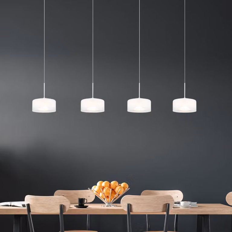 Globo Lampada LED a sospensione Belinda, lunghezza 105 cm, bianca, 4 luci, vetro Belinda, Bianco / Opale, Soggiorno / Sala da pranzo, Vetro