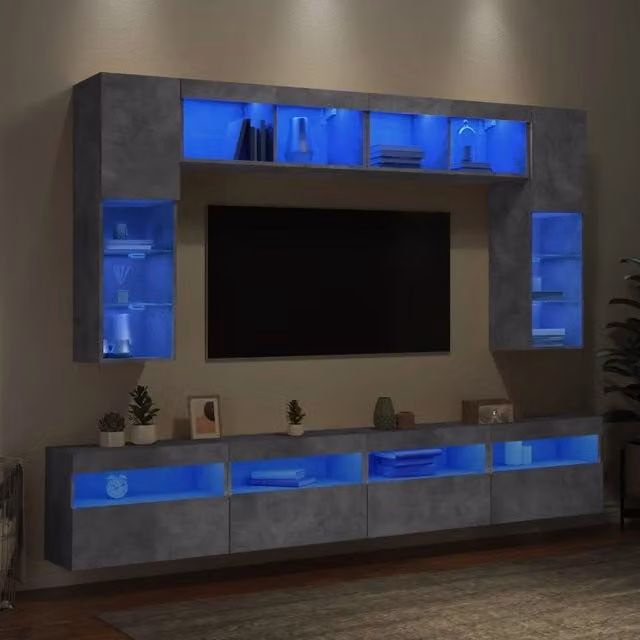 Set Mobili TV a Muro Moderno vidaXL in 8 Pezzi con Luci LED Grigio Opaco