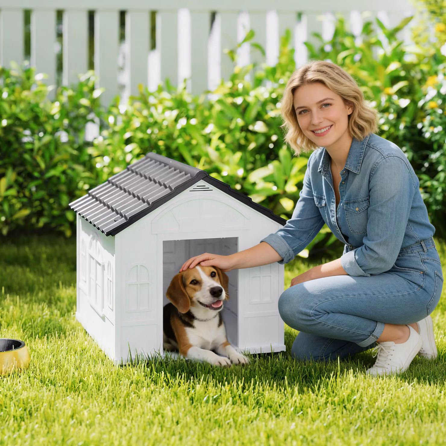 Casetta per cani PawHut in plastica impermeabile con tetto inclinato e porta di ingresso, Grigio, L: 65 cm, P: 75.7 cm, H: 63 cm – 2