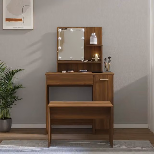 Set Tavolo da Toeletta con LED vidaXL in Legno Rovere Marrone L: 136 cm, P: 35 cm, H: 86,5 cm