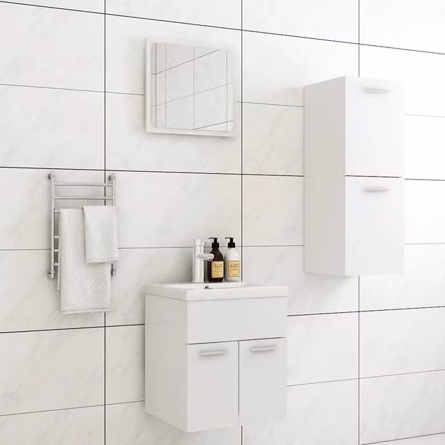 Set di mobili da bagno moderni vidaXL in MDF bianco opaco composto da mobile sottolavabo, armadietto alto e pensile con specchio