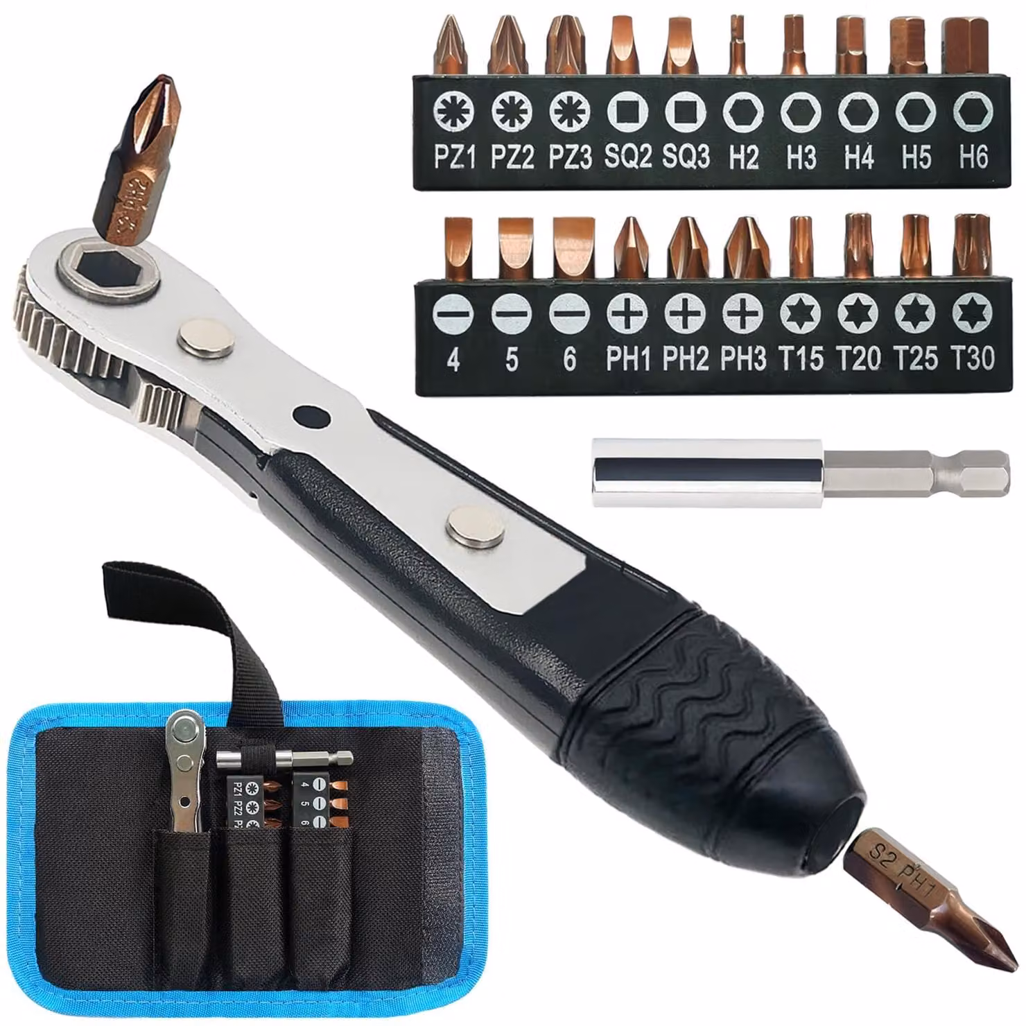 Cricchetto mini per cacciavite - Set con 20 punte - Angolare - 1/4 pollice - Acciaio legato S2