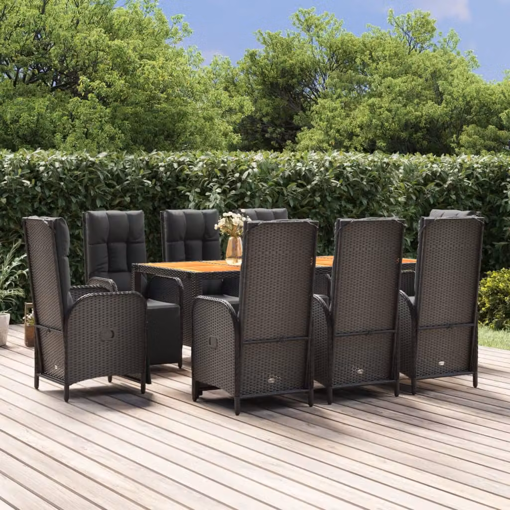 Set da pranzo da giardino vidaXL in polyrattan nero con cuscini e tavolo in legno di acacia