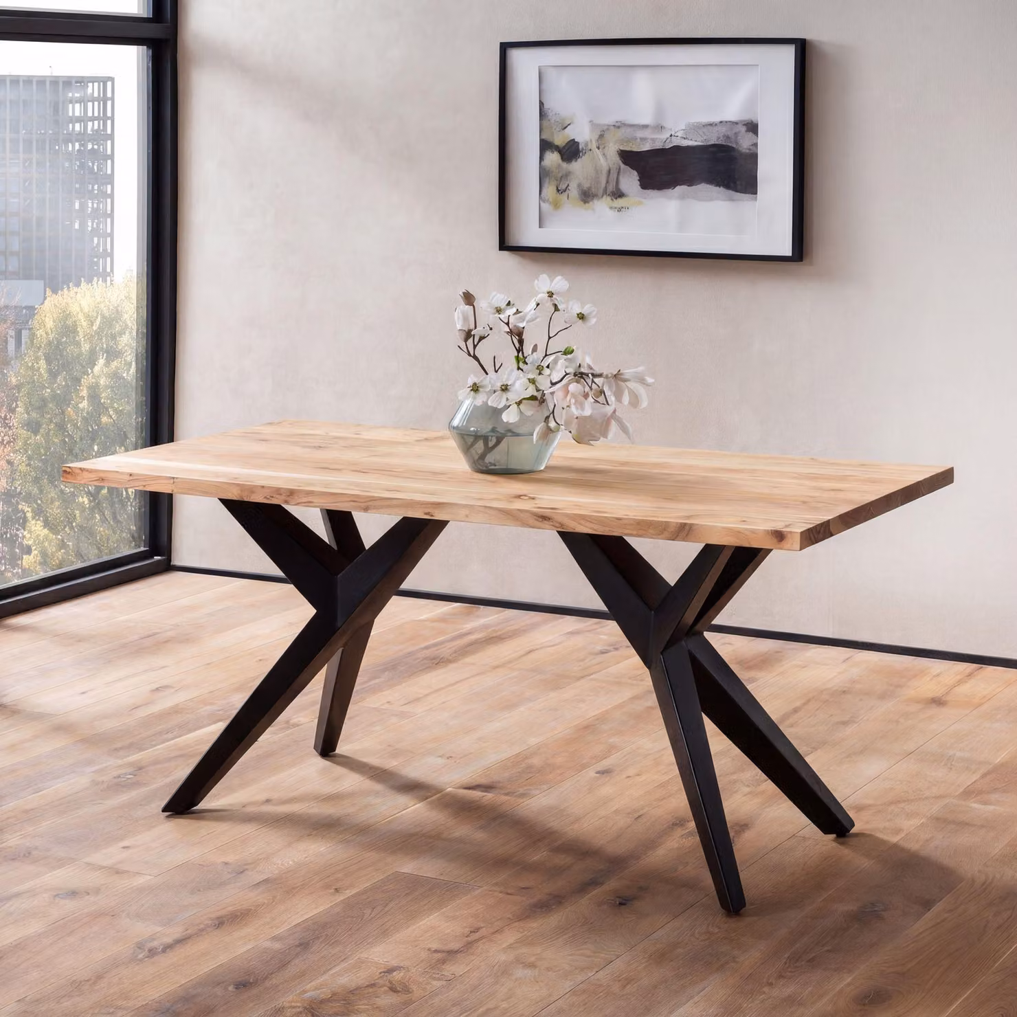FineBuy: Tavolo da pranzo in legno massello di acacia, 160 cm, con struttura in metallo nera dal design industriale. Ideale per una sala da pranzo in stile loft, questo tavolo in legno è adatto per 4-6 persone