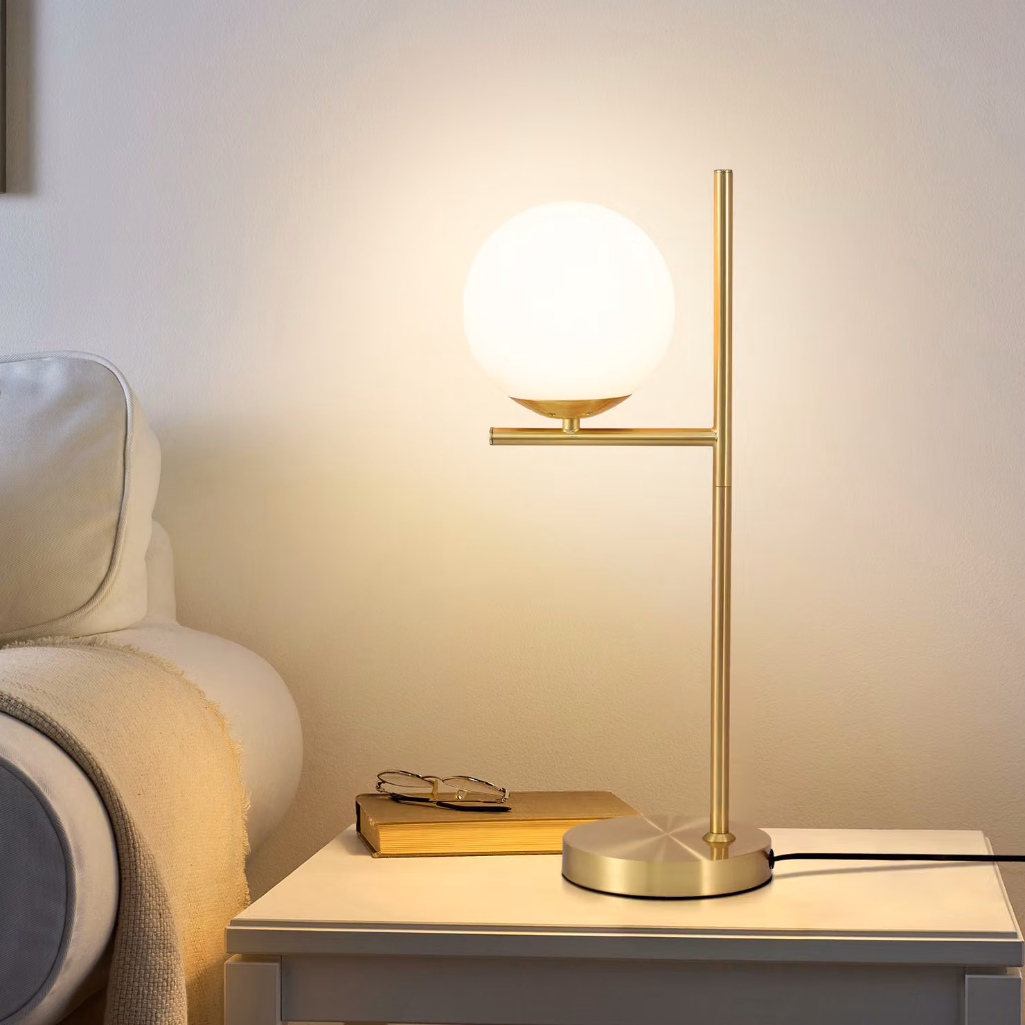 ZMH lampada da comodino oro moderna lampada da tavolo 1 fiamma in metallo con interruttore bianco sfera di vetro presa E27 per soggiorno camera da letto camera dei bambini
