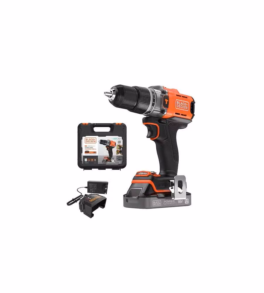 Trapano avvitatore a percussione Black+Decker 18V con batteria ricaricabile da 2.0Ah e valigetta, colore nero – 1