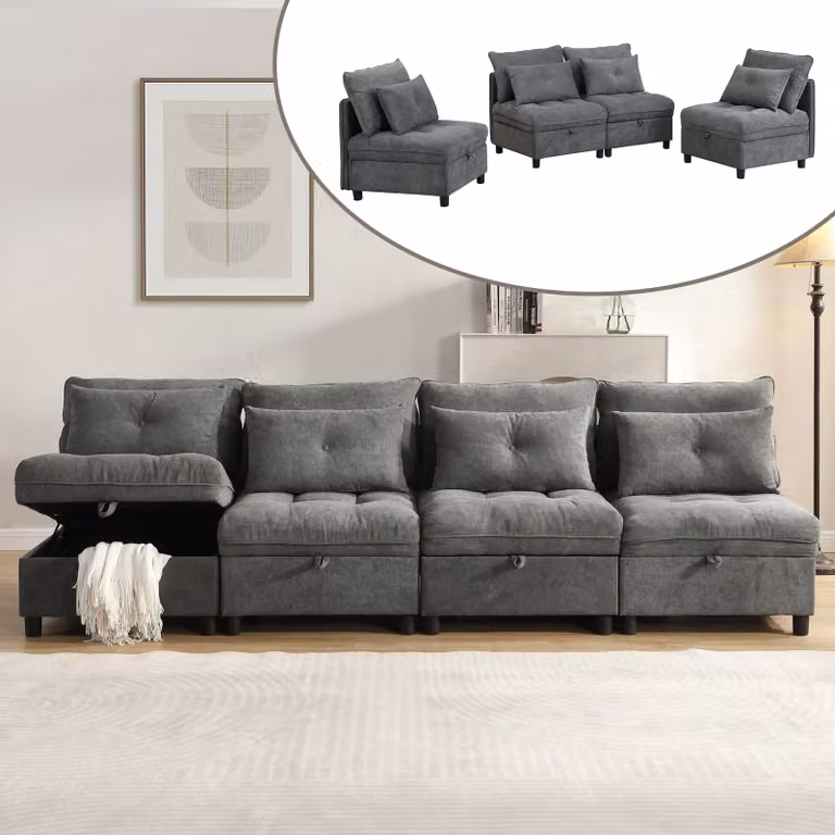 Set di divani componibili Sweiko a 4 posti: liberamente combinabili+spazio per riporre i cuscini sotto tutti i sedili+funzione letto+fodera in ciniglia, design per ambienti liberi con soggiorno-sofet-combinato