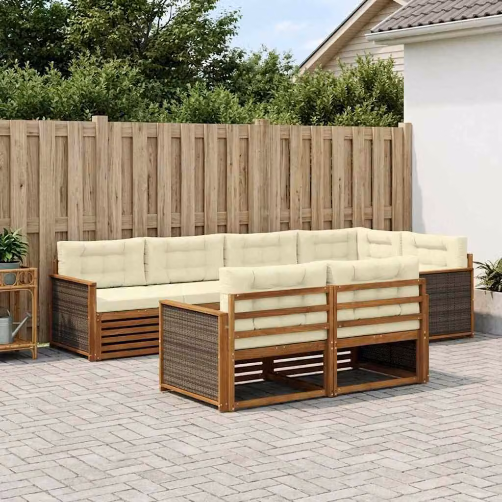 vidaXL Set di divani da esterno 7 pz in legno di acacia con cuscini, beige e marrone