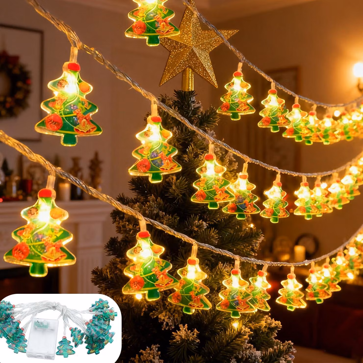 Catena luminosa a LED, 6 metri, 40 piccoli alberi di Natale, luce bianco caldo, 2 modalità, alimentazione a batteria