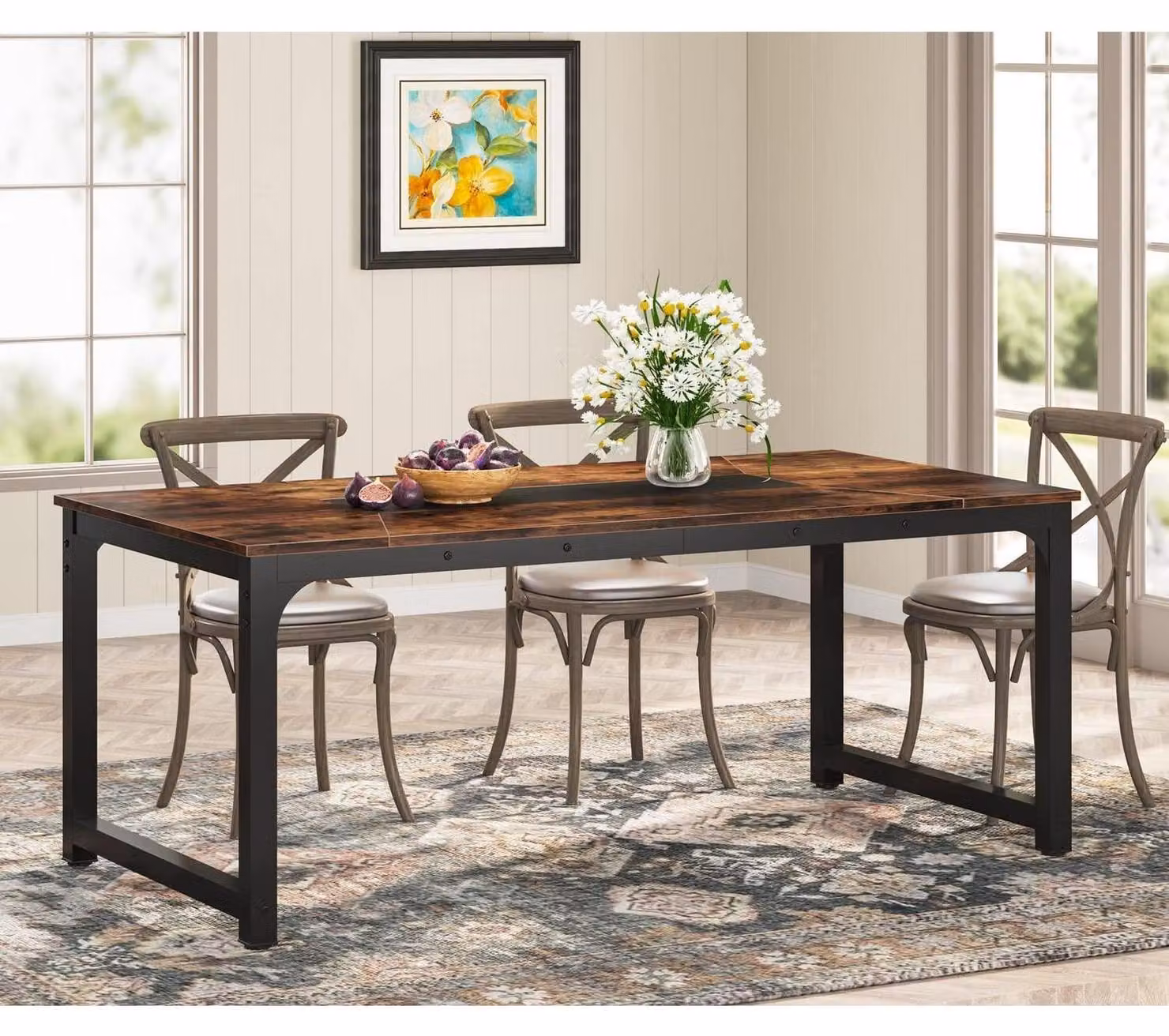 Tavolo da pranzo rettangolare, dimensioni 180x90x77 cm, stile industriale, colore marrone rustico, per 6-8 persone