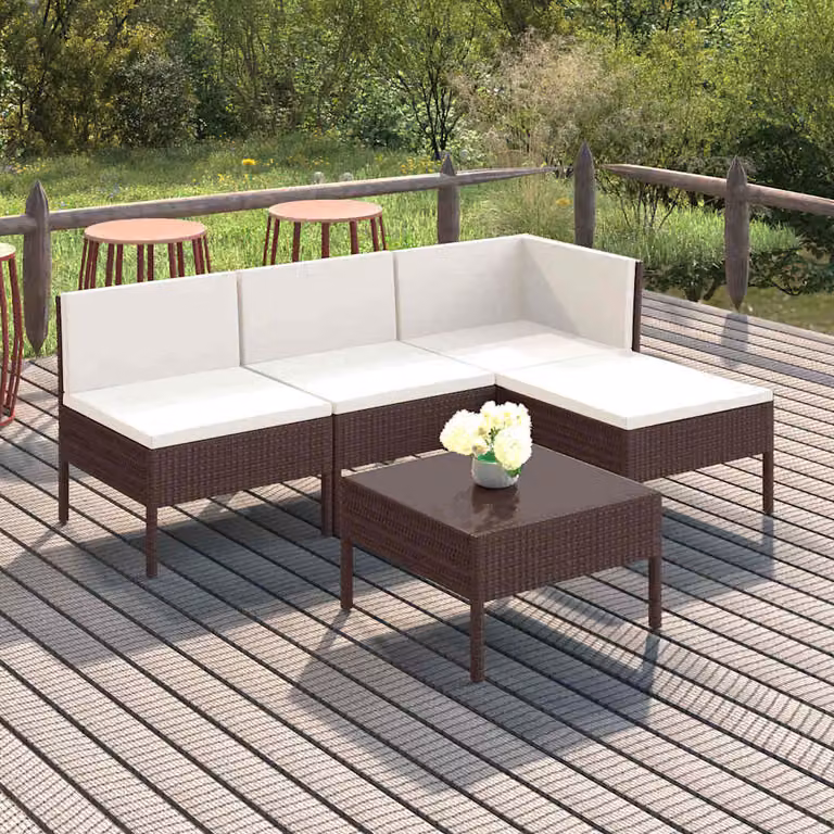 Set Divani da Giardino vidaXL a Forma di L con Tavolino e Pouf, Marrone e Bianco