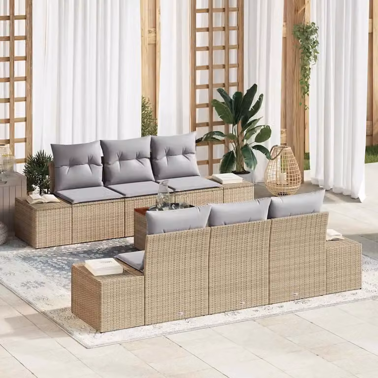 vidaXL Set Divano da Giardino 7 Pezzi in Polyrattan con Cuscini Beige e Grigio