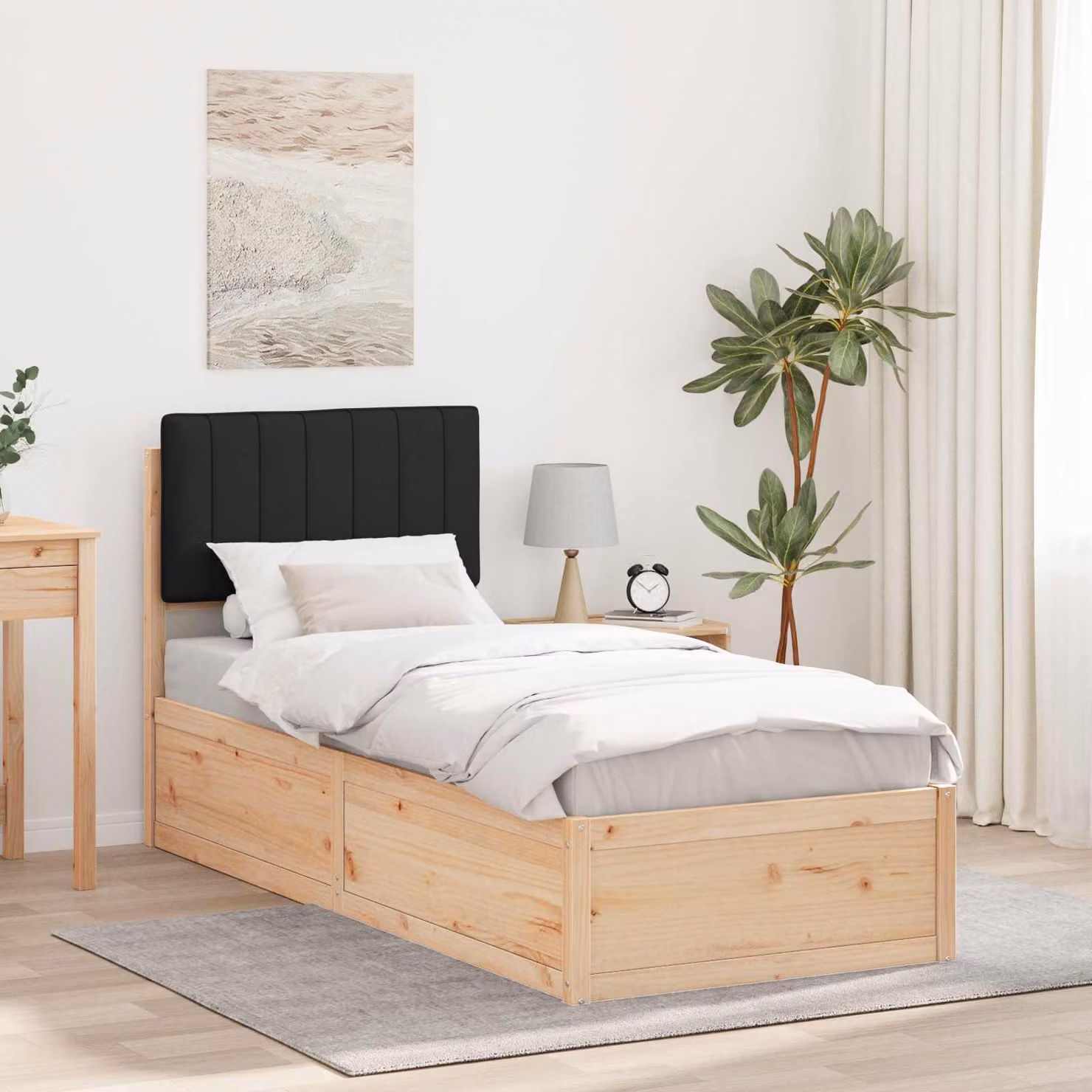 Letto moderno vidaXL in pino massello con testiera rivestita in tessuto nero L/P/H: 190 x 80 x 80,5 cm – 1