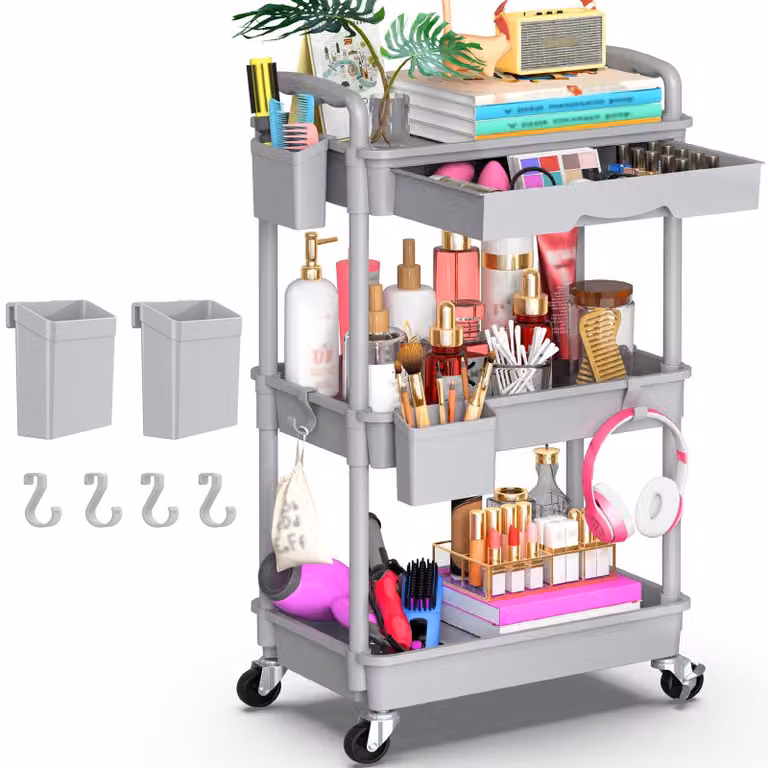 Carrello portaoggetti a 3 ripiani con cassetto, carrello multifunzionale con piano in plastica e ruote bloccabili