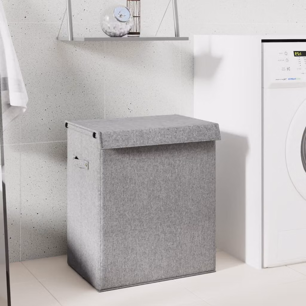 Cesto per la biancheria pieghevole vidaXL in finto lino grigio con coperchio e maniglie L/P/H: 51 x 34,5 x 59 cm
