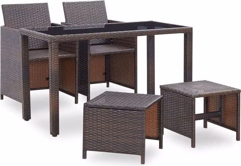 Set da Pranzo da Giardino 5 pz con Cuscini Polyrattan Marrone