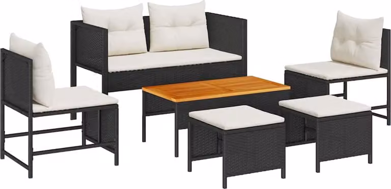 Set Divano da Giardino 6 pcs Nero e Crema polyrattan