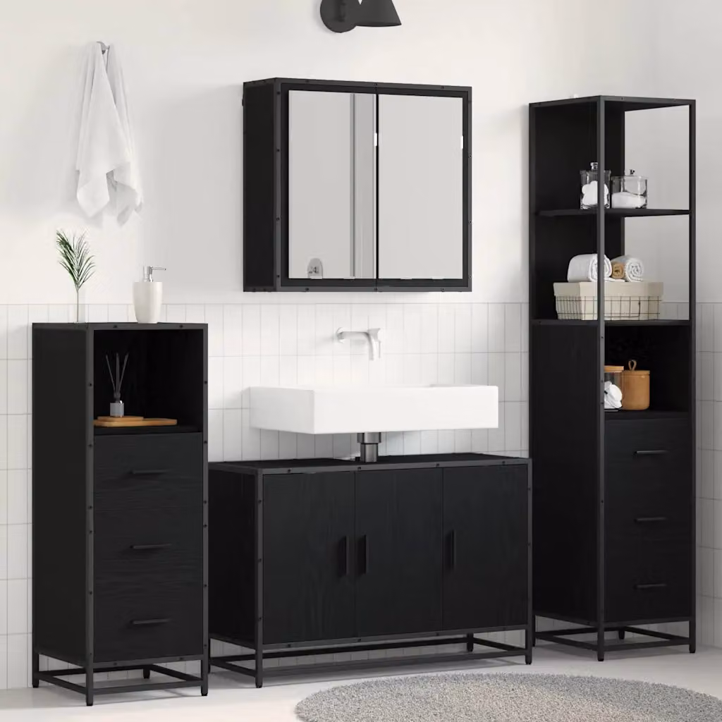 Set di mobili per il bagno vidaXL 3 pezzi in legno e metallo nero con armadietto a specchio e mobile lavabo L/P/H: 90 x 33 x 166 cm – 1