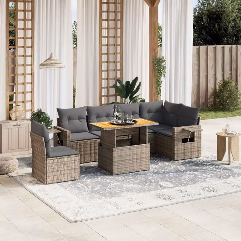 Set di divani da giardino vidaXL a forma di L composto da 7 pezzi in polyrattan grigio con cuscini e tavolino da esterno