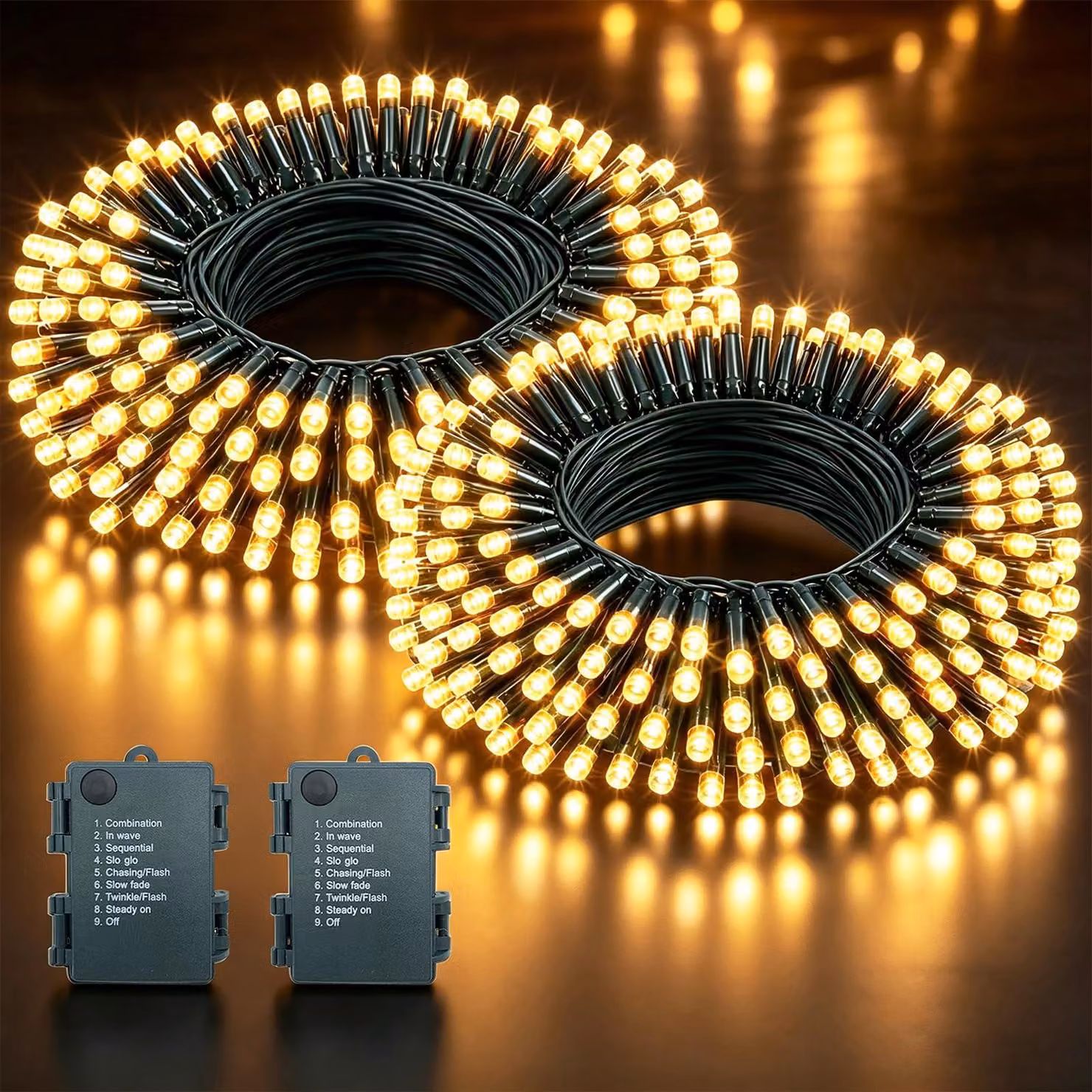 Catena luminosa da 5 metri, con 50 LED, confezione da 2 pezzi, luce bianco caldo, alimentazione a batteria
