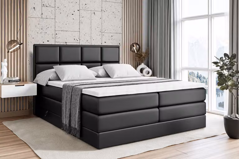 Letto boxspring ALTDECOR con 2 materassi e topper - 120x200 cm - NOVA KING - Pelle finta nera - Letto imbottito con materassi H3 e H4, contenitore e rete a doghe, letto con spazio contenitivo