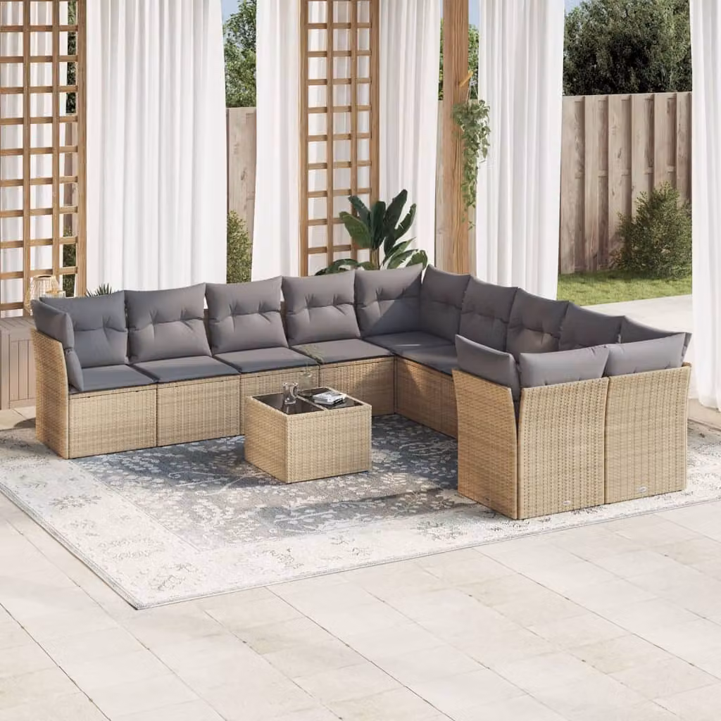 vidaXL Set Divani da Giardino 11 pz a Forma a U con Cuscini Beige e Tavolino da Esterno in Polyrattan e Acciaio – 1