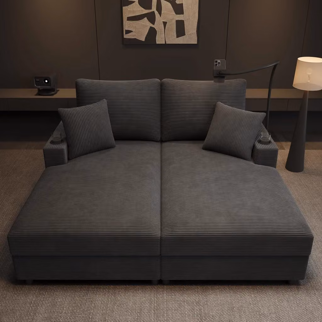 Divano 2 posti REDOM in velluto a coste grigio con 2 cuscini, porta bicchieri e ricarica USB, L/P/H: 163 x 140 x 82 cm – 2