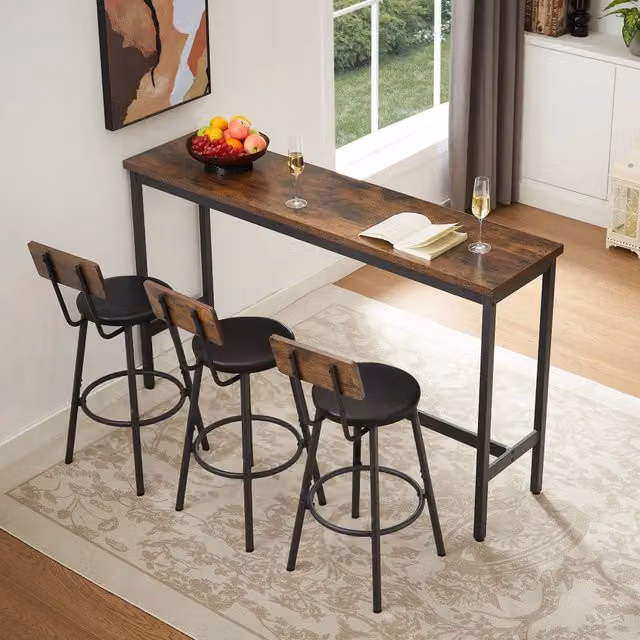 Set tavolo cucina e sedie 1 tavolo alto e 3 sgabelli con schienale in truciolare e acciaio marrone rustico e nero