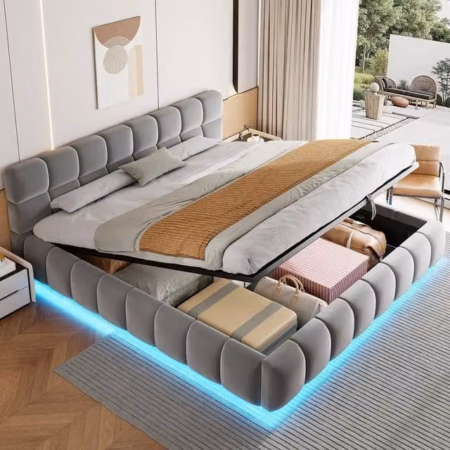 Letto imbottito contenitore matrimoniale ¨C Minimal ¨C grigio velluto 180x200 cm con LED idraulico