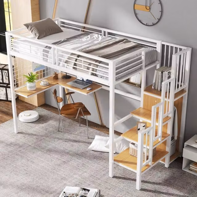 Letto a soppalco singolo OKWISH con scrivania, armadio e scala laterale, bianco e beige, L/P/H: 200 x 90 x 170 cm – 1