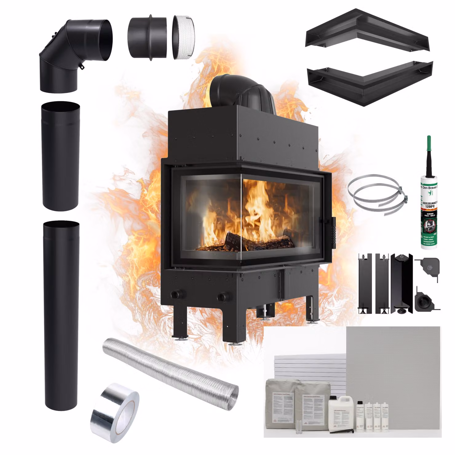 Camino KRATKI FLOKI L Sinistro 12kW Ø200 Nero con ingresso Kit di installazione