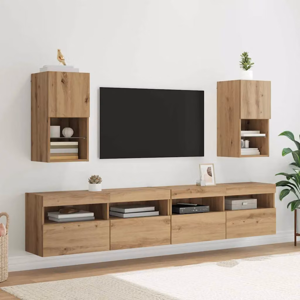 Set di 2 mobiletti TV da parete vidaXL in stile moderno, colore rovere, con illuminazione integrata e vani porta media