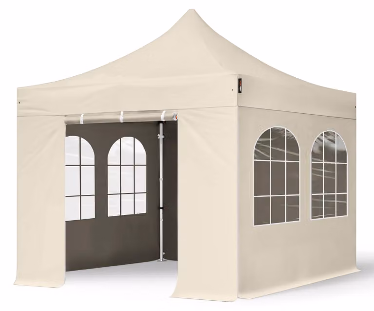 TOOLPORT 3x3m gazebo pieghevole PES con laterali (finestre), PROFESSIONAL alluminio, crema
