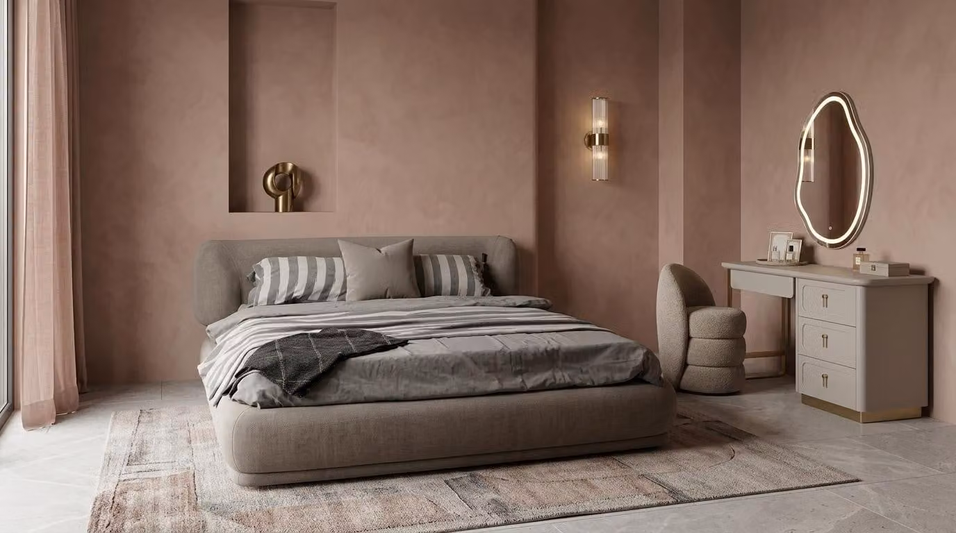 Comò da trucco con specchio, pouf, stile moderno, colore grigio, forma rettangolare, per la camera da letto