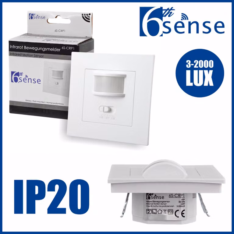 Sensore di movimento da incasso, rilevatore di movimento, sensore a parete, colore bianco, angolo di rilevamento 160°, tecnologia a infrarossi PIR, LED, design sottile