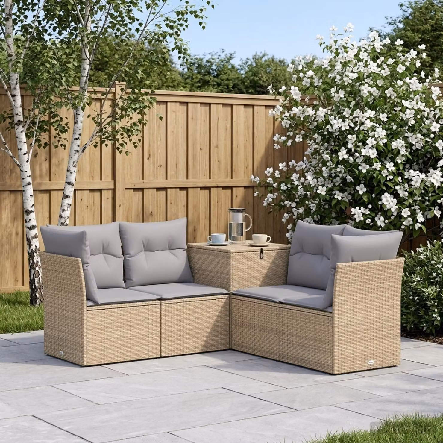 Set di divani da giardino vidaXL in polyrattan con forma a L, 5 pezzi, Beige e Grigio Chiaro