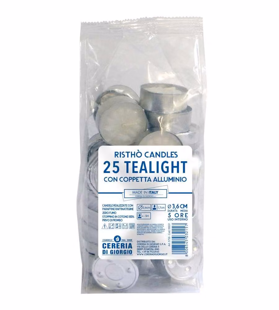 Cereria di Giorgio Tealight Bianco 25 Pz 5 Ore 3.6 cm Cera Naturale