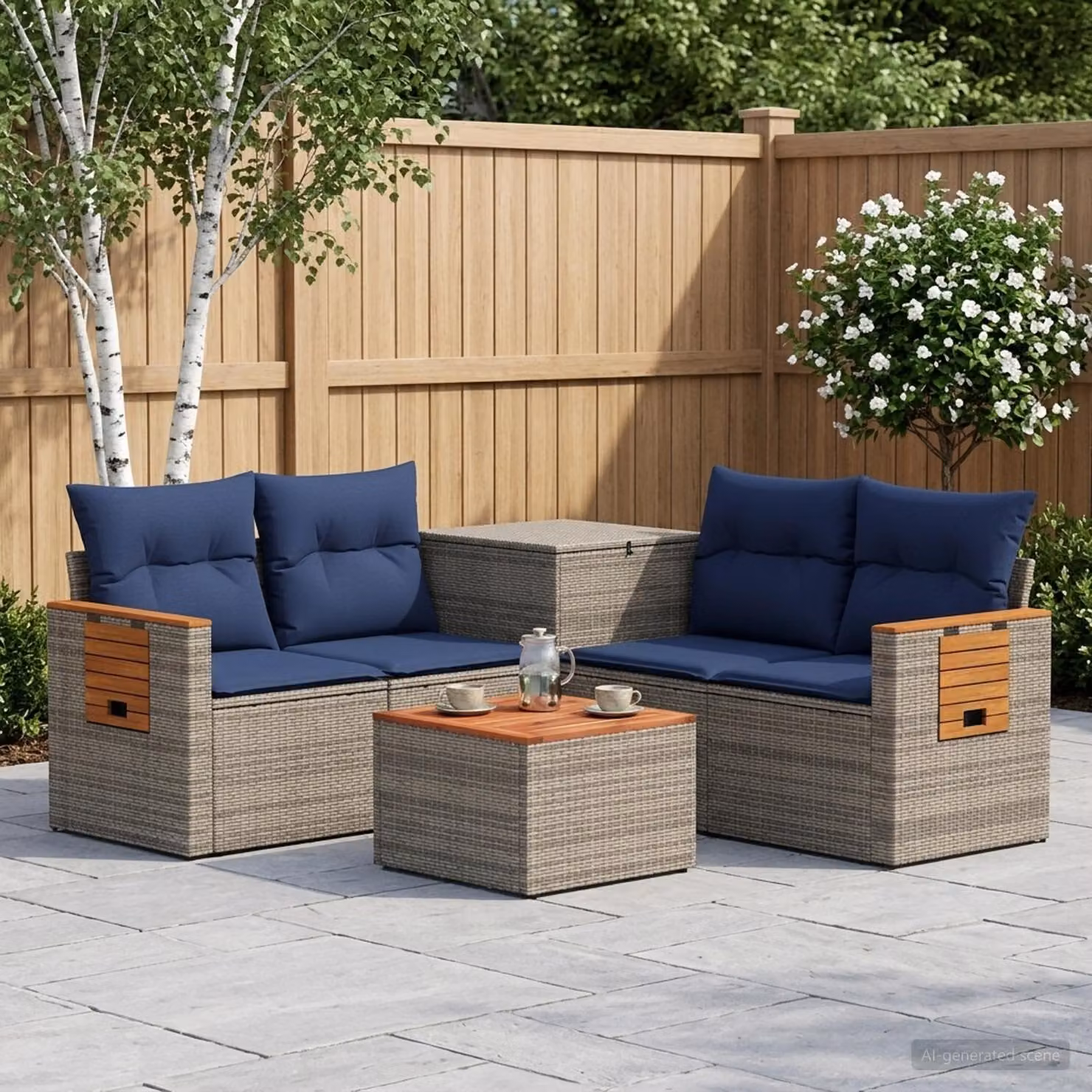 vidaXL Set di divani da giardino 6 pz a forma di L in rattan sintetico e acciaio con cuscini Grigio e Blu Navy
