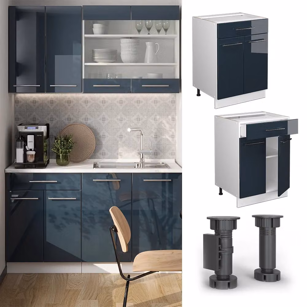 Mobiletto base per cucina Vicco Fame-Line Blu scuro lucido e Bianco con cassetto, senza piano di lavoro, Larghezza: 60 cm – 2