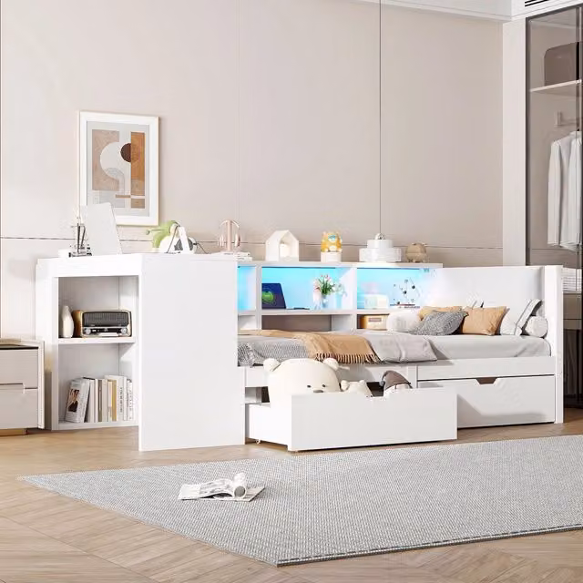 Letto Contenitore con LED, Testiera Imbottita e Cassetti ¨C MINIMAL ¨C 90x200, Bianco
