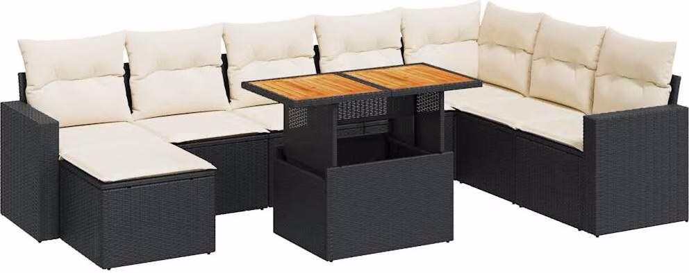 Set Divani da Giardino 9 pz con Cuscini Nero in Polyrattan