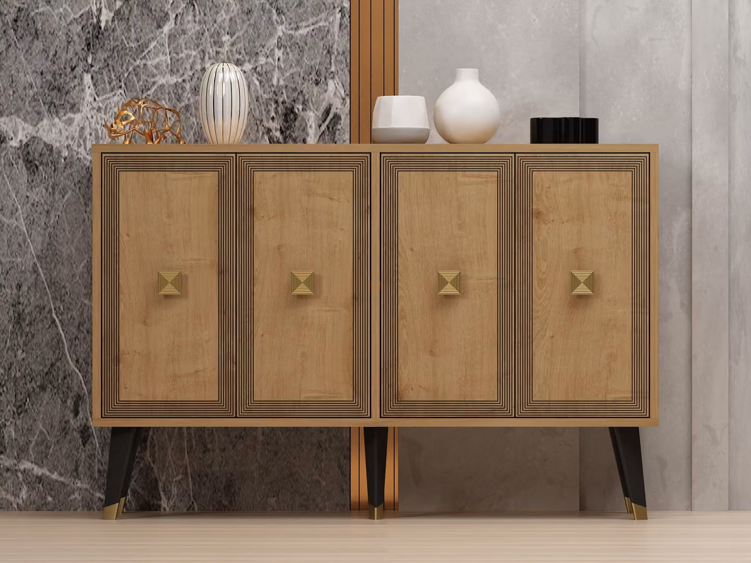 Skye Decor, Ansel - Sapphire Oak, oro, consolle, rovere zaffiro, pannelli truciolari rivestiti al 100% in melamina, 120 x 30 x 80 cm
