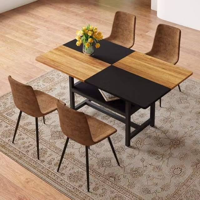 Tavolo da pranzo per 4 persone con ripiano contenitore e 4 sedie stile moderno in MDF e metallo marrone nero 160 cm