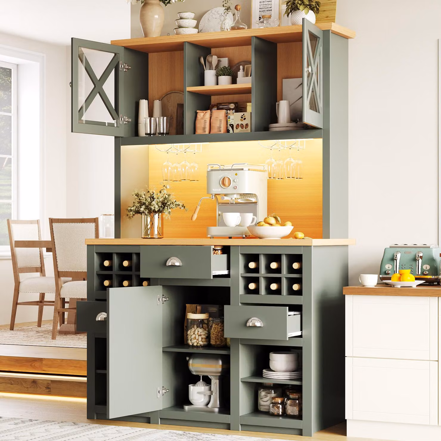MODFU Mobili da cucina: credenza alta 188 cm con illuminazione a LED e ante in vetro; credenza con portabottiglie, ripiani regolabili e ante in vetro, 120 x 45 x 188 cm, verde