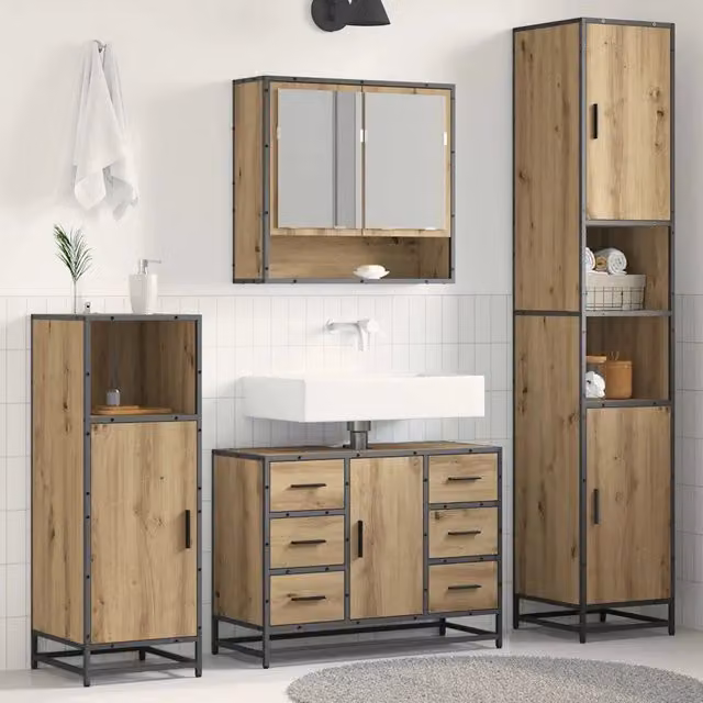Set di mobili per bagno moderno vidaXL in 3 pezzi color rovere con armadietto a specchio, mobile lavabo e colonna alta – 1