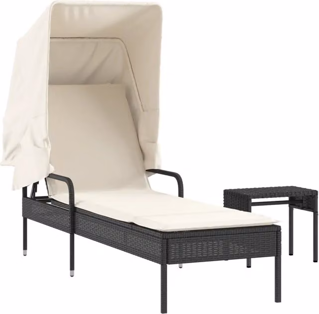 Lettino Prendisole | Sdraio da giardino | Lettino da sole con Baldacchino e Tavolino Nero Polyrattan