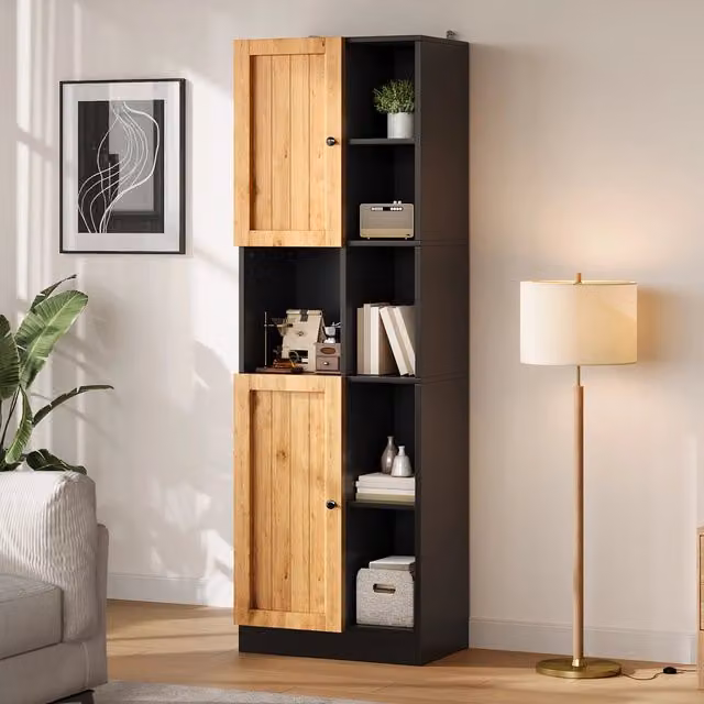 Desviae Mobile angolare alto con 6 ripiani aperti 2 ante e ripiani regolabili in MDF nero e naturale 50 × 35,5 × 170 cm