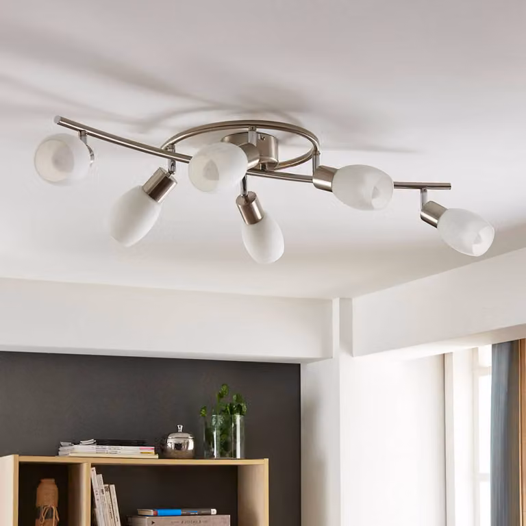 Lindby fatto Arda, 75 cm, a 6 luci, nichel, vetro, E14 Arda Lindby, dimmerabile, Alluminio / Grigio / Zincato, Soggiorno / Sala da pranzo, Vetro, Moderno, Faretto