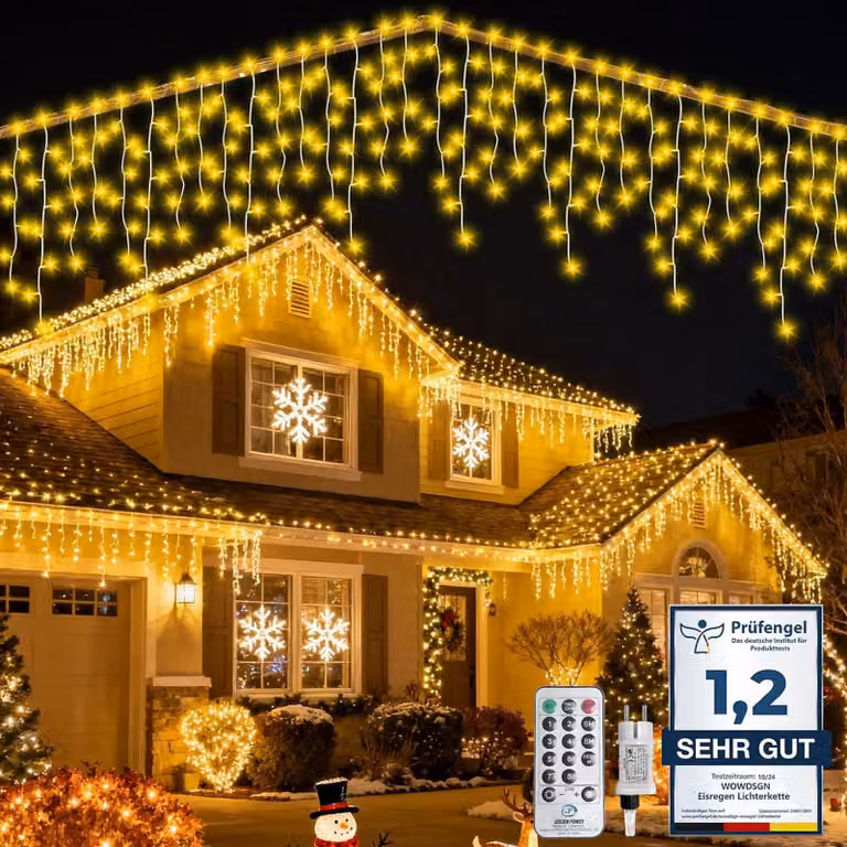 Catena luminosa effetto neve, 17 metri, 515 LED, grado di protezione IP44, timer, telecomando, luce bianco caldo